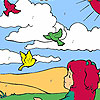 Girl And Birds In The Field Coloring