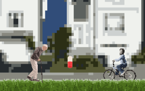play An Old Man Trying To Pick Up Pills, But This Kid Is Riding A Bicycle.