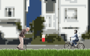 An Old Man Trying To Pick Up Pills, But This Kid Is Riding A Bicycle.